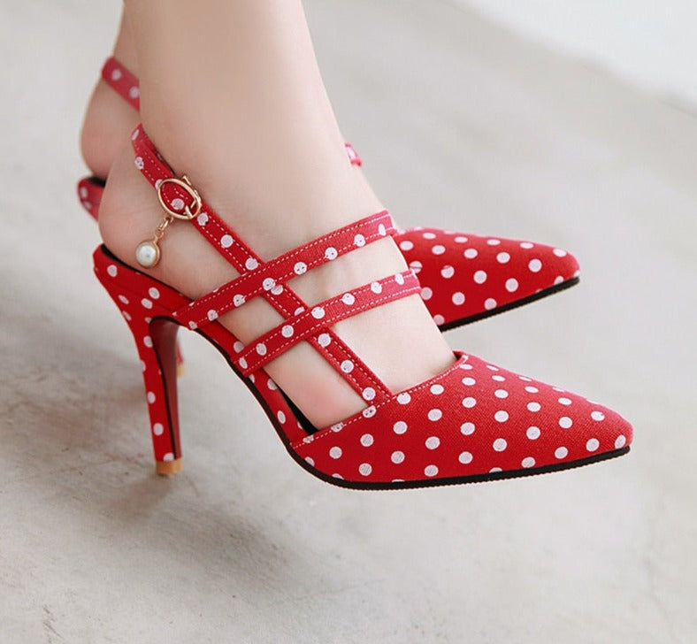 Shoes Woman Polka dot Pointed Toe Sandals Slip on High Heel Slides